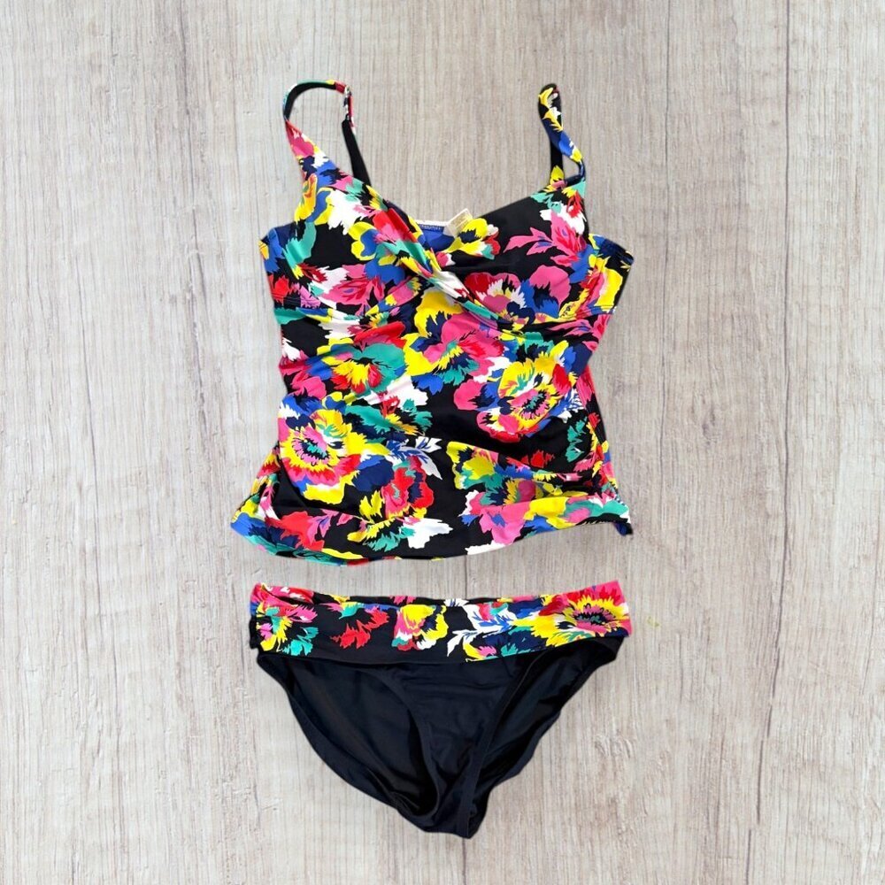 Anne Cole Underwire Floral Tankini Swimsuit Set Black Multicolor Size M